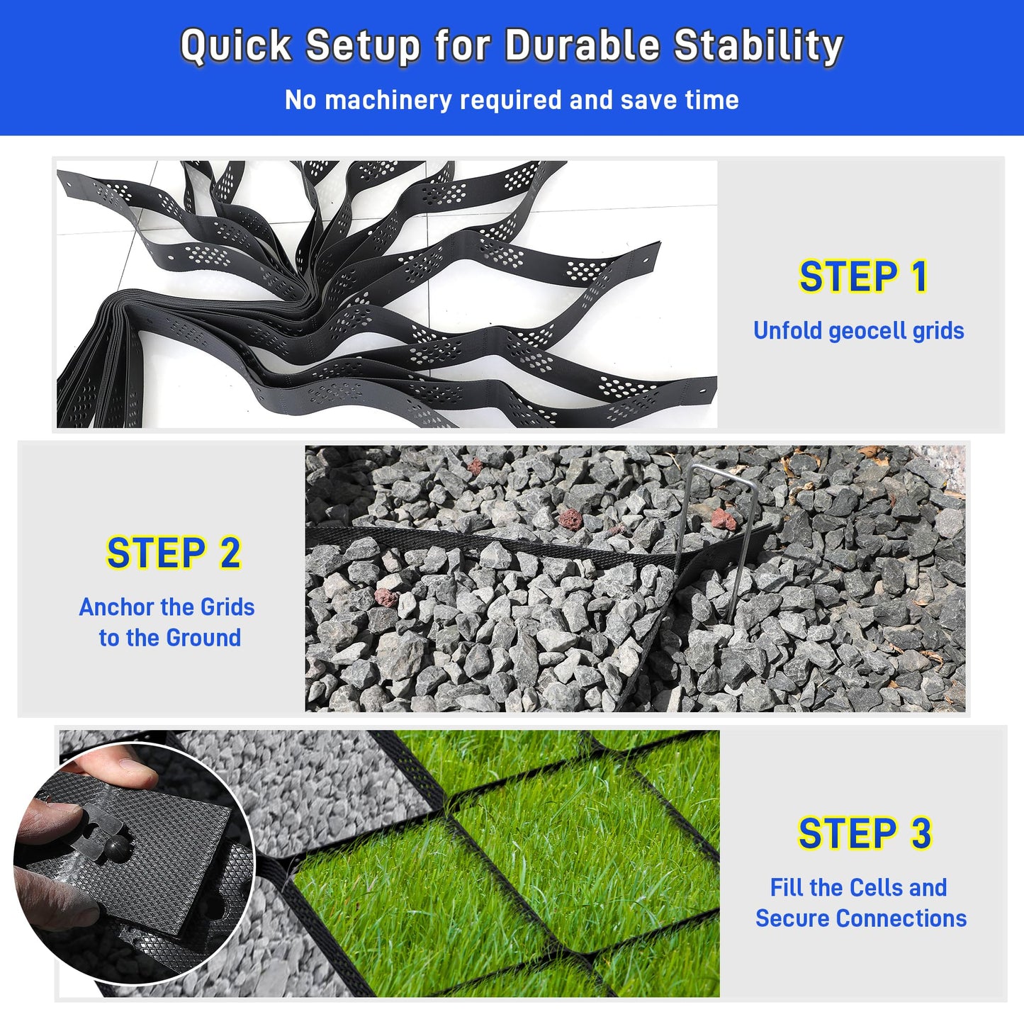 Gravel Grid 3" Thick Geo Ground Grid, 36x4 FT Geo Cell Gravel Retainer 1885 LBS Per Sq ft, Foldable Permeable Stabilization System with Connection Buckles for Driveway Walkway Landscaping and Slopes