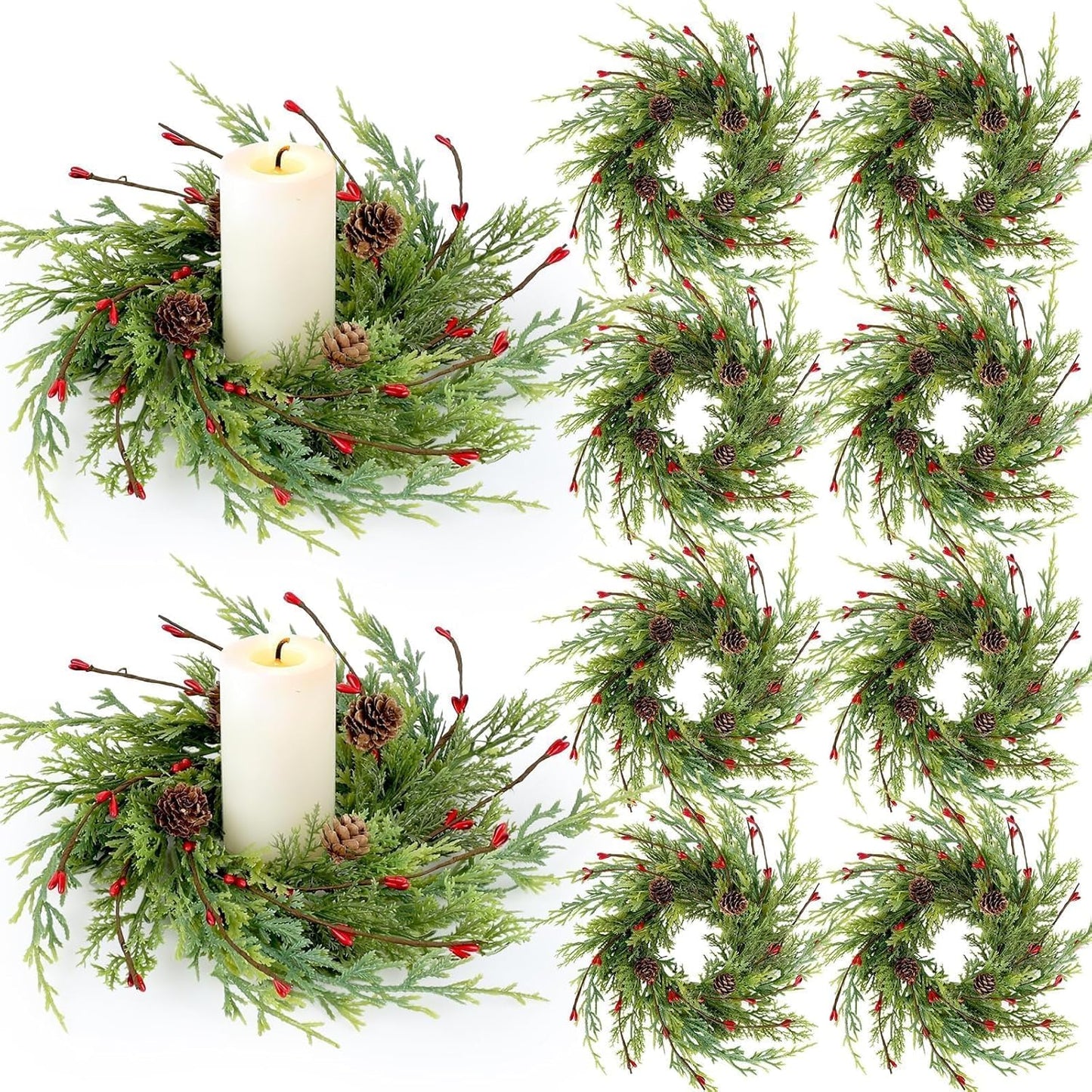 Skiennix 8 Pcs Artificial Christmas Candle Rings - 9 Inch Cedar Pine Garland Wreaths with Red Berries & Pinecones for Winter Table Centerpiece