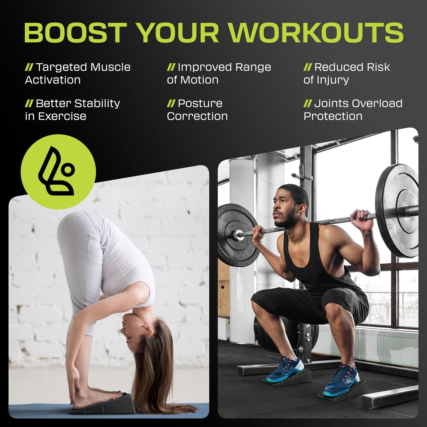 Flexelent Squat Wedge Block Pair - Heel Elevated Squat Wedge for Deeper Squats, Heavy Lifting and Better Form - 17° Angle Exercise Wedges, Slant Board for Squats with Carry Backpack - Lime Green