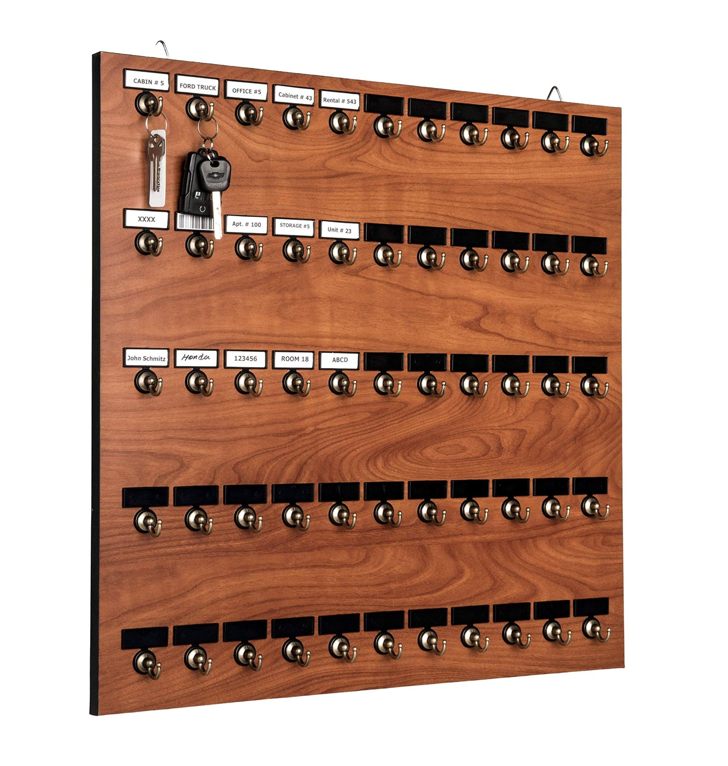 Stand Company Key Rack, Key Holder # 55MCN, Extra Space 55 Bolted Metal Hooks with Customize Nameplate, (60 Sets of Tag & Ring Included) - Made in USA, Gray Wild Cherry