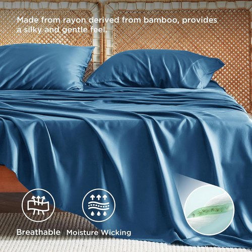 Bedsure Queen Sheet Set - Cooling Bamboo Rayon Sheets | Deep Pocket Up to 16" | Soft & Breathable Teal Bedding