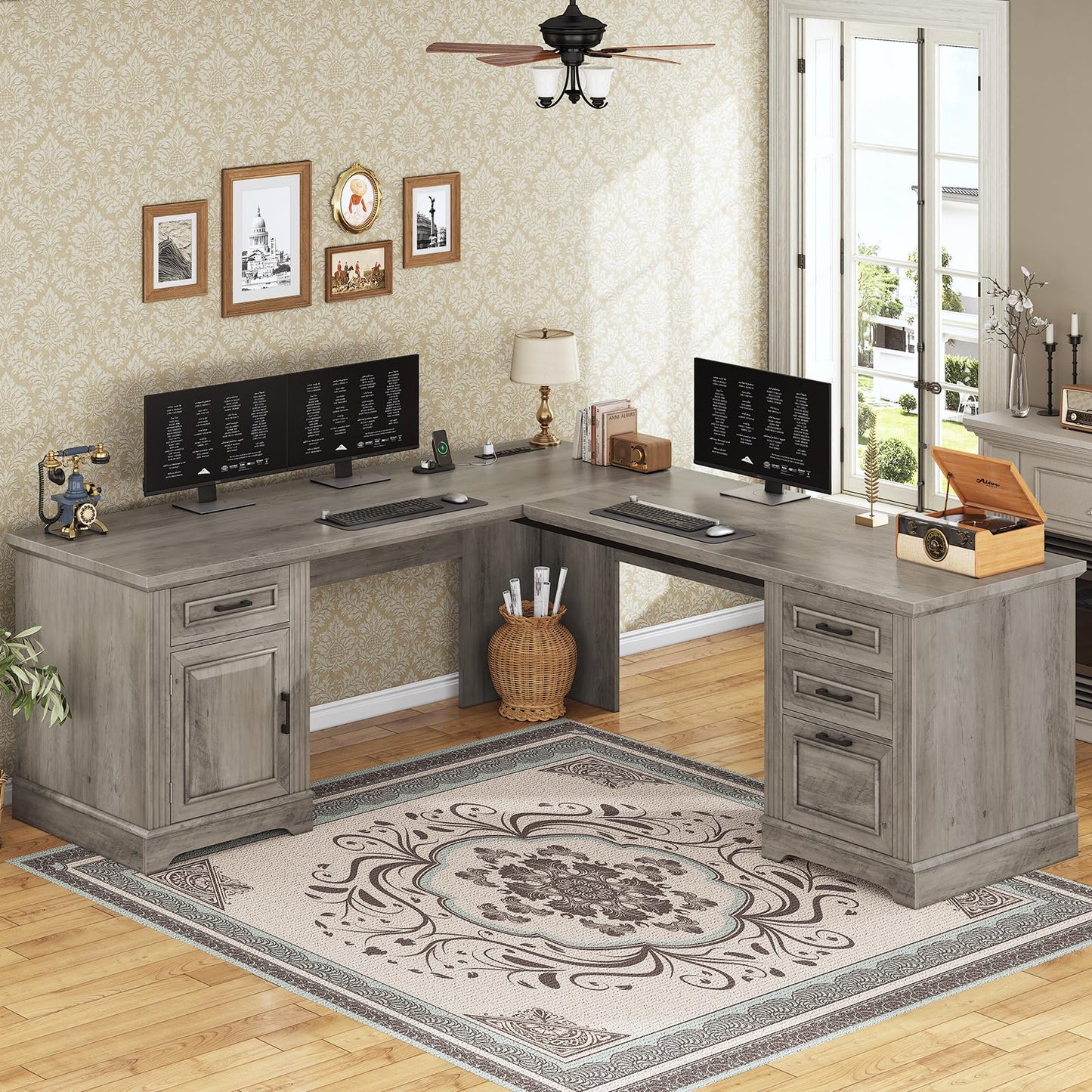 SEDETA 69" L Shaped Desk with Drawers and Storage, Farmhouse Computer Desk with File Drawers and Power Outlet, Corner Executive Desk with Storage Cabinet for Home Office, Grey