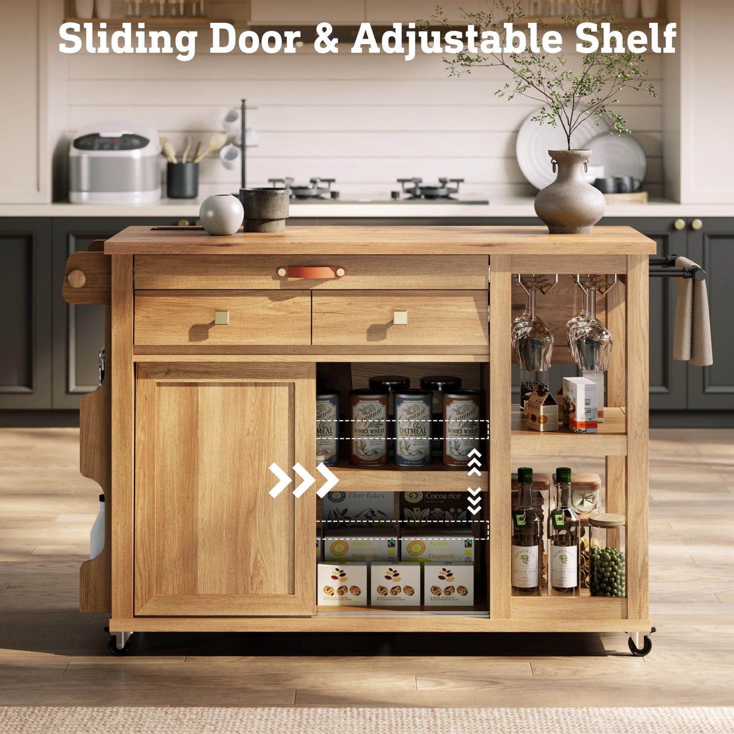 Kitchen Island with Storage & Charging Station, Rolling Kitchen Island Table on Wheels with Drop Leaf & 2 Drawers, Mobile Island Cart with Pull-Out Shelf, Spice Rack, for Dining Room (Natural)