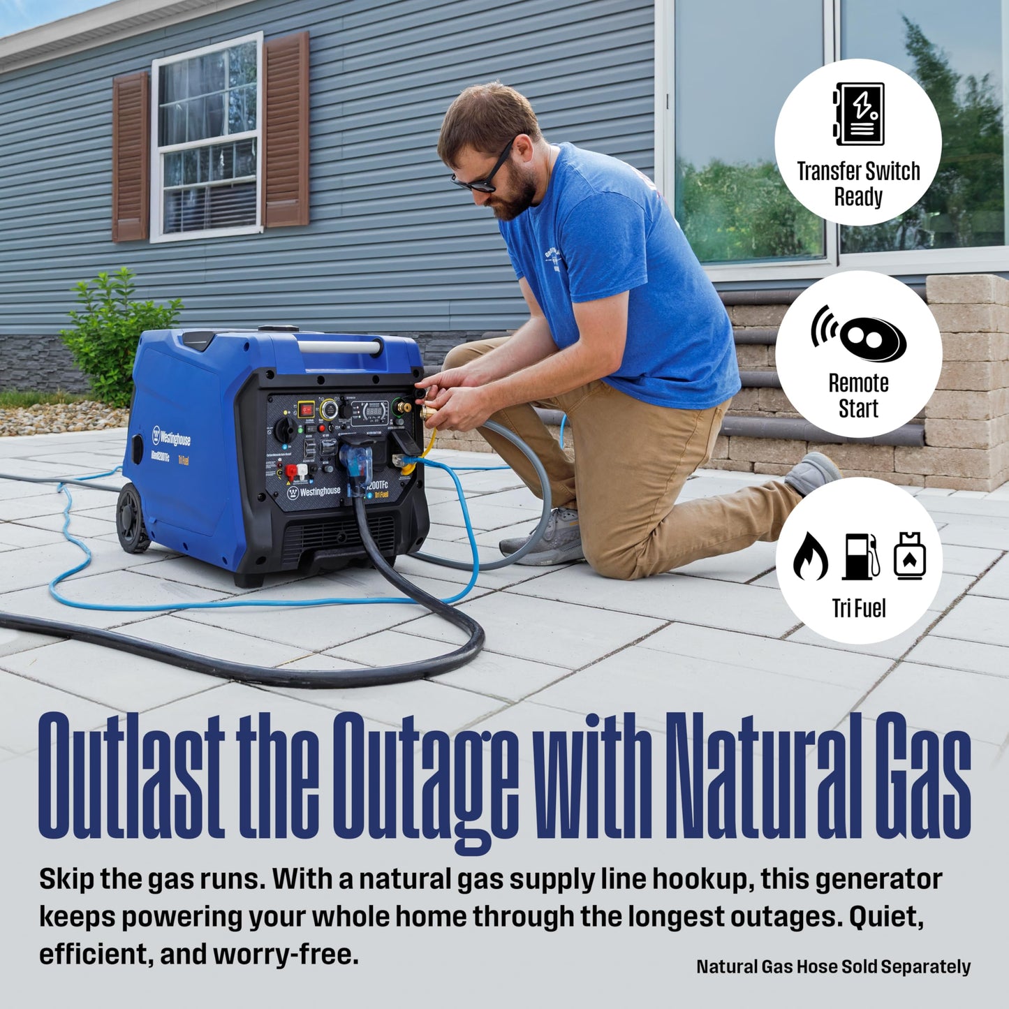 Westinghouse 8200 Peak Watt Tri-Fuel Portable Inverter Generator, Remote Electric Start, Transfer Switch Ready, Gas, Propane, Natural Gas, Low THD, Safe for Electronics, Parallel Capable, CO Sensor