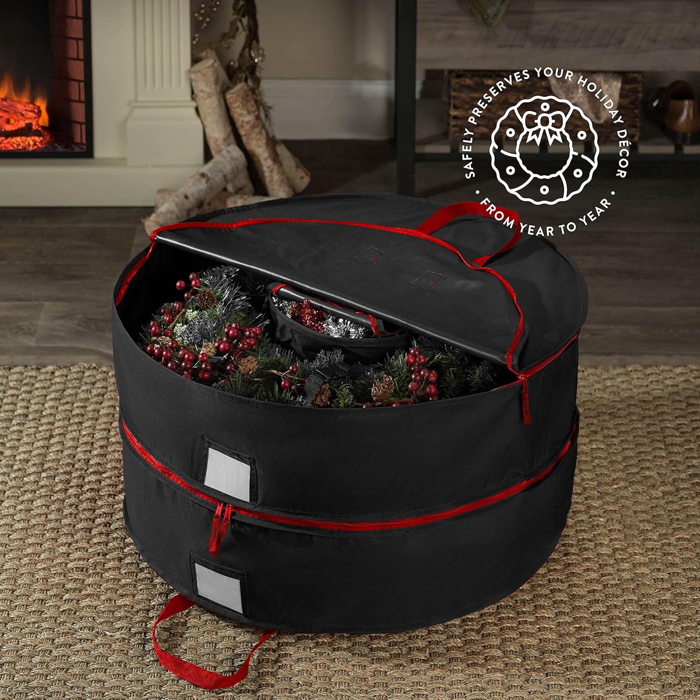 ZOBER Christmas Wreath Storage Container - 30 Inch Wreath Bag for 2 Wreaths | Durable 600D Oxford Fabric - Black with Strong Handles