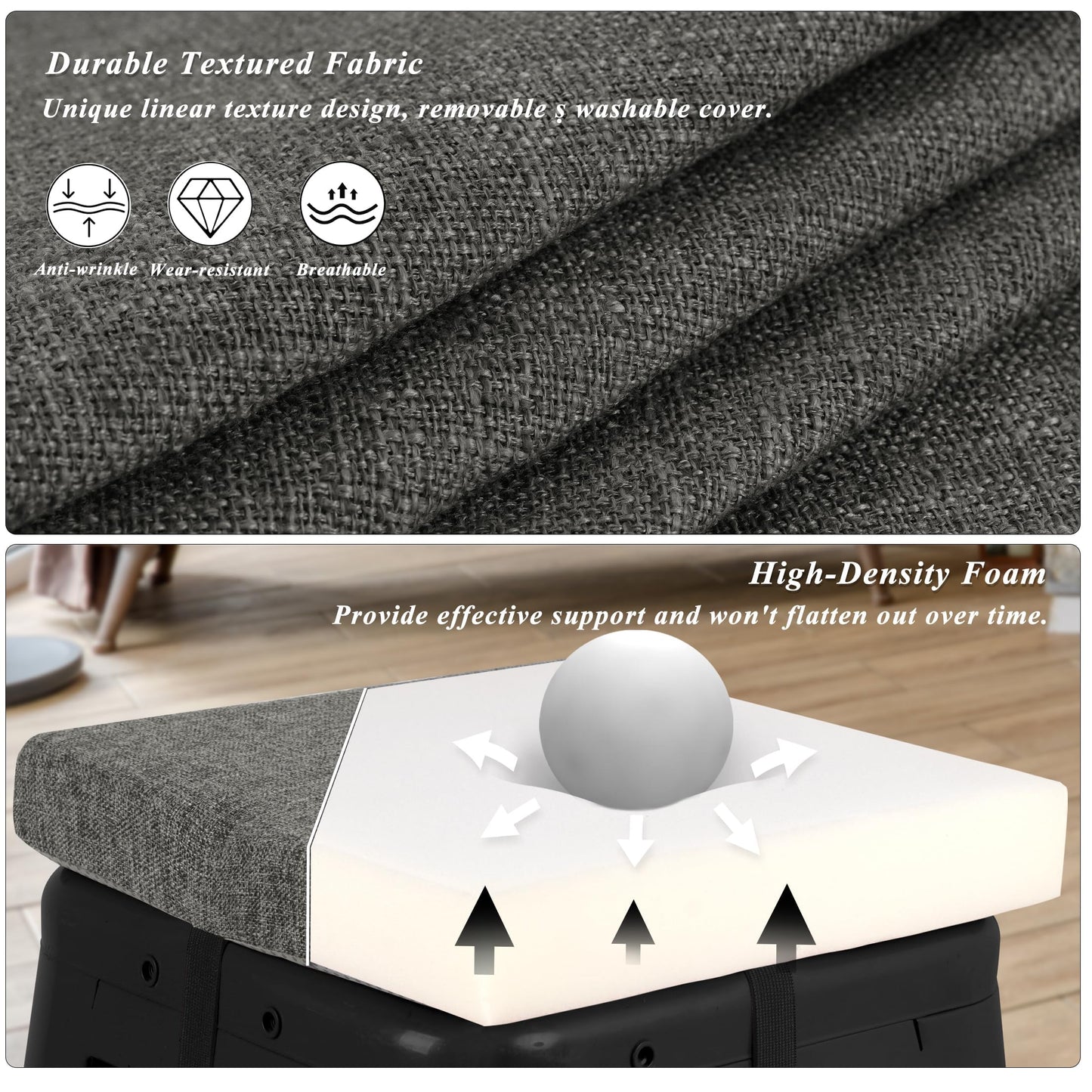 FlyGulls Square Bar Stool Cushions Set of 2 Non-Slip Chair Pads with Ties 2" Thick Chair Cushions with Machine Washable Cover 14" X 14" (Dark Grey)
