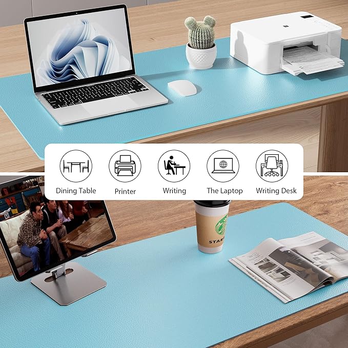Aothia Faux Leather Desk Mat - Non-Slip PU Leather Desk Blotter, Waterproof Writing Surface, Large Desk Pad for Office & Home (Blue Topaz, 55" x 24")