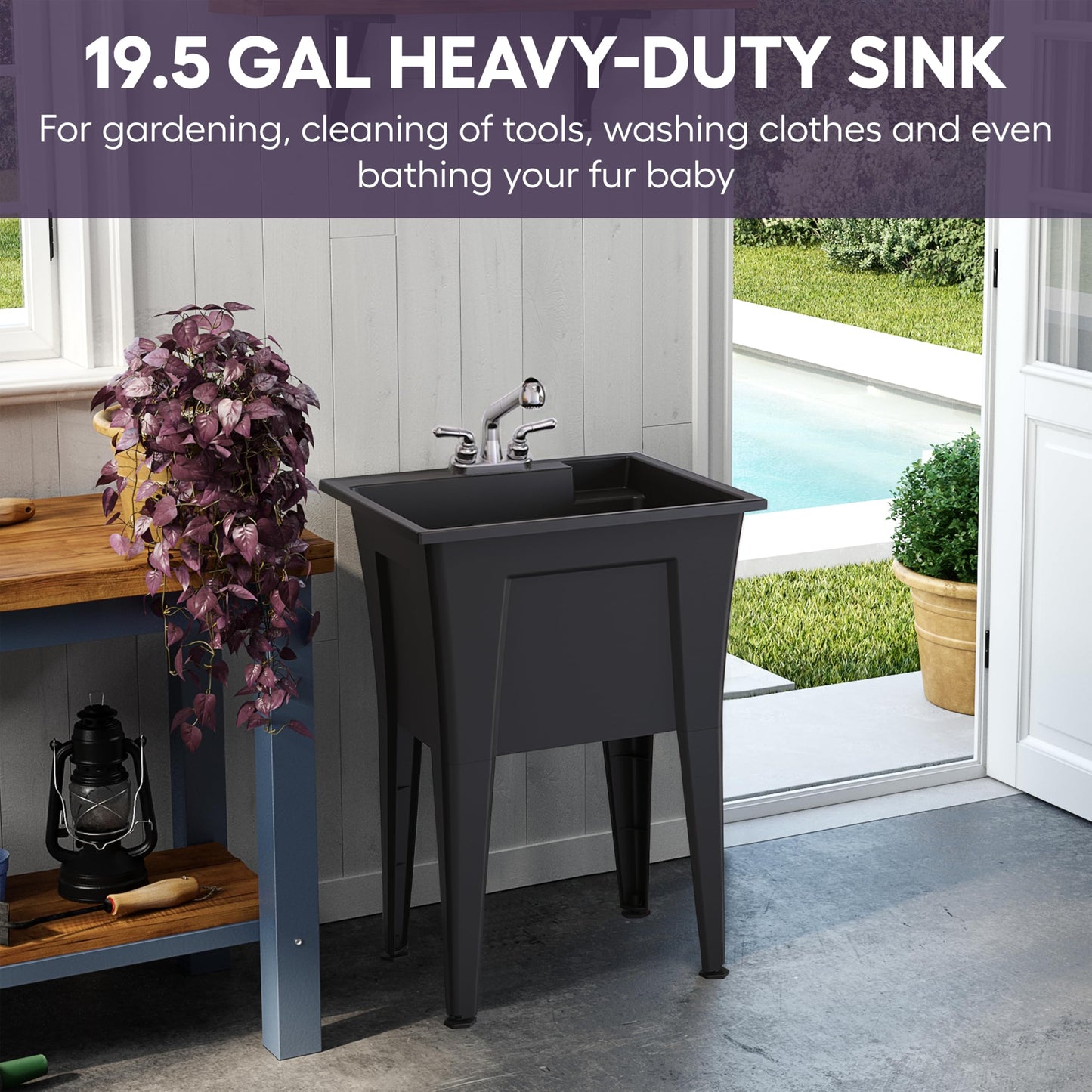 Freestanding Utility Sink with One Handle Chrome Faucet - 24" Plastic Utility Sink for Garage, Laundry, Indoor and Oudoor Use - Laundry Tub Kit by Noah William Home - Black (19.5 gal)
