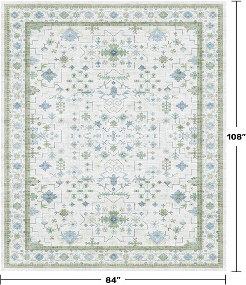 Hazo Haus Cream Oushak 7x9 Area Rug - Boho Floral Design in Cool Blue & Green, Washable Non-Slip