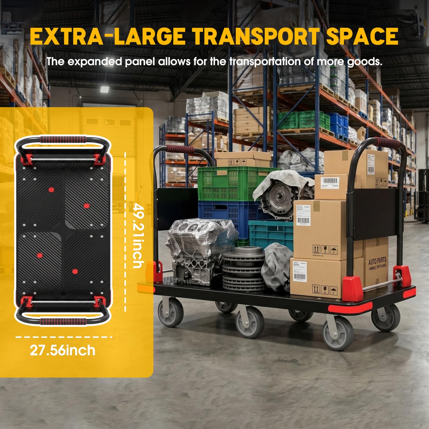 Platform Trucks Flatbed Cart Heavy Duty with 2 Handrails & 6 Rubber Wheels, Flat Dolly 2000lbs Capacity with Bungee Cord, 49.2"x27.56" Folding Hand Cart for Moving Furniture/Office/Warehouse/Garage