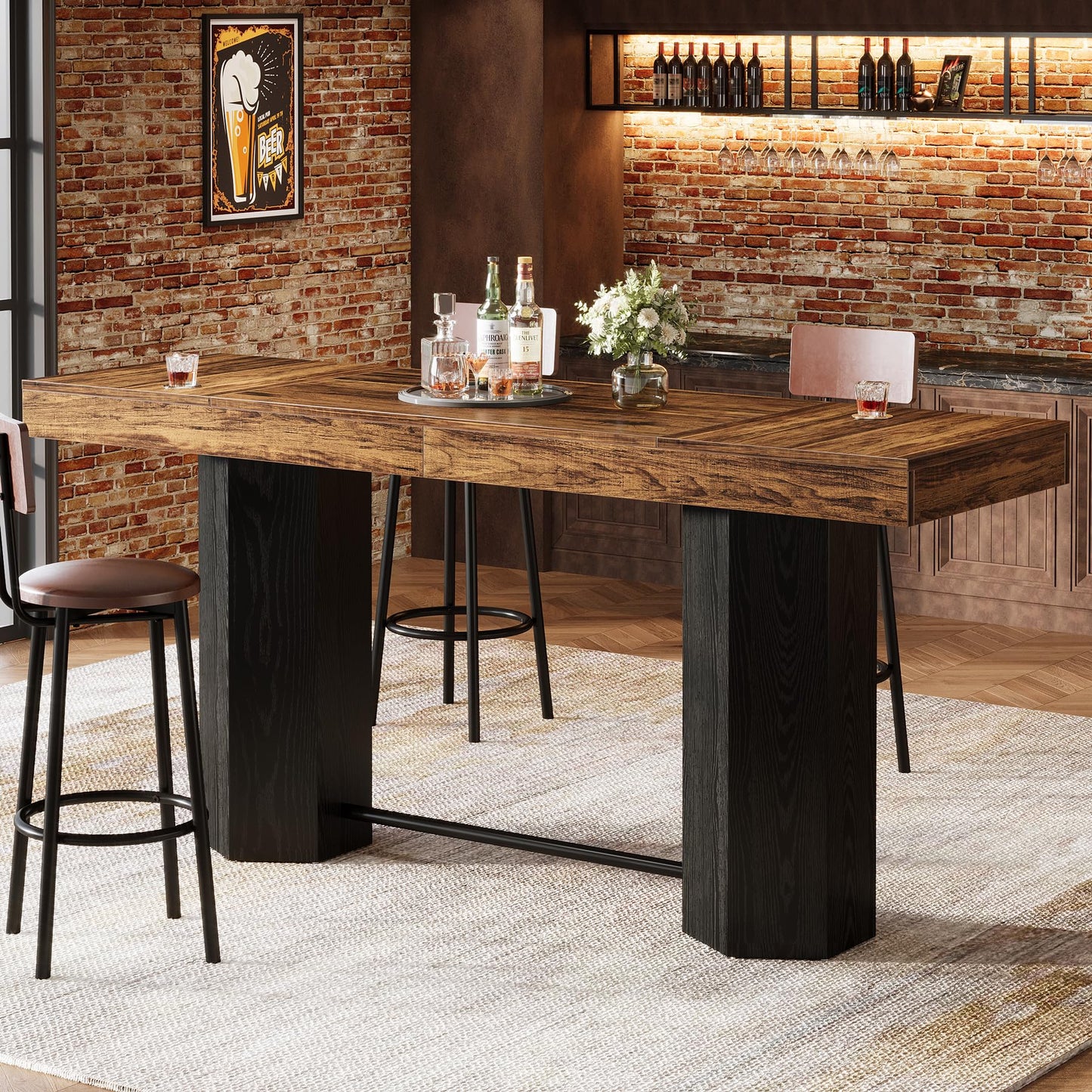 Tribesigns 70.9" Extra Long Bar Table, Industrial Counter Height Table, Rectangular Bar Height Tables with Metal Footrest for Kitchen Dining Room, Living Room, Pub (Rustic Brown & Black)