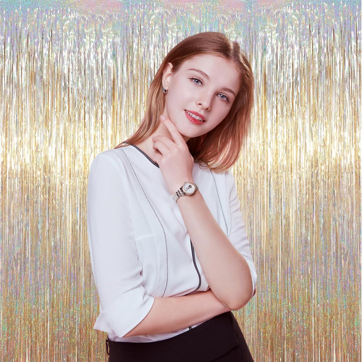 Voircoloria Foil Fringe Backdrop Curtains - 3.3 x 6.6 Ft Tinsel Streamers for Parties | Champagne Color