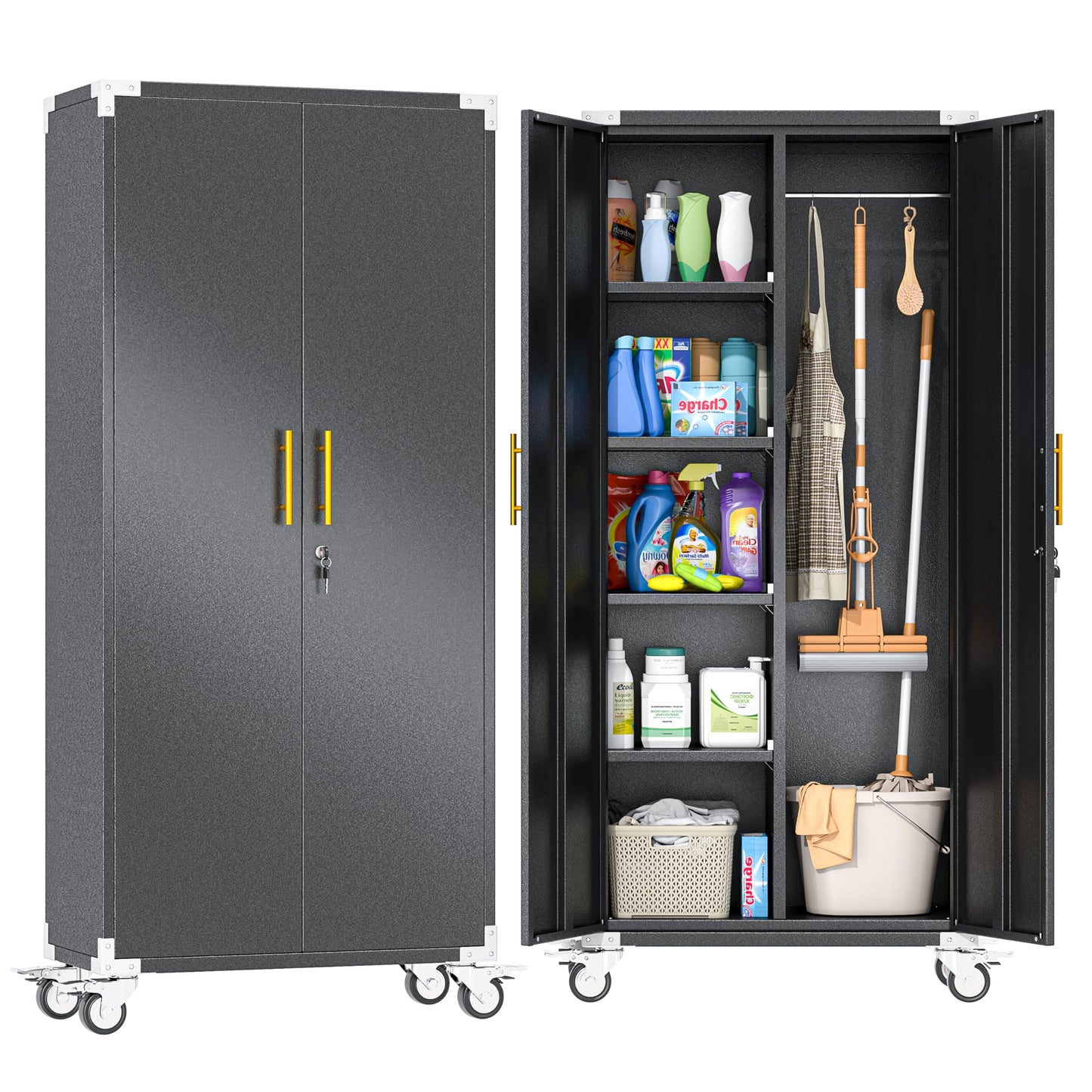 PAOFIN 71" Garage Storage Cabinet with Hanging Rod,Lockable Metal Broom Closet Storage Cabinet with 4 Adjustable Shelves for Tools,Garage Home,Office Required Assembly,Black