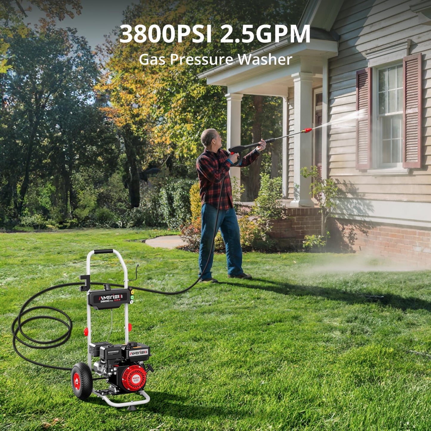 AMERISUN 3800 PSI Gas Pressure Washer 2.5 GPM with 212cc 4-Stroke OHV Engine, 5 Quick-Connect Nozzles & 10" Wheels, Heavy Duty Power Washer for Driveways, Cars, Patios, Decks & House Siding