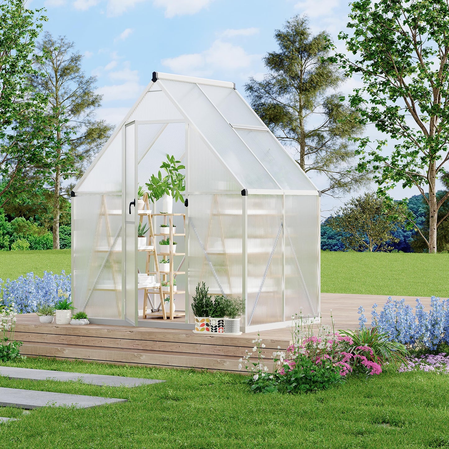Polycarbonate Greenhouse for Outdoors, Large Walk-InGreenhouse with Quick Setup Structure and Roof Vent, Greenhouse with Ventilation