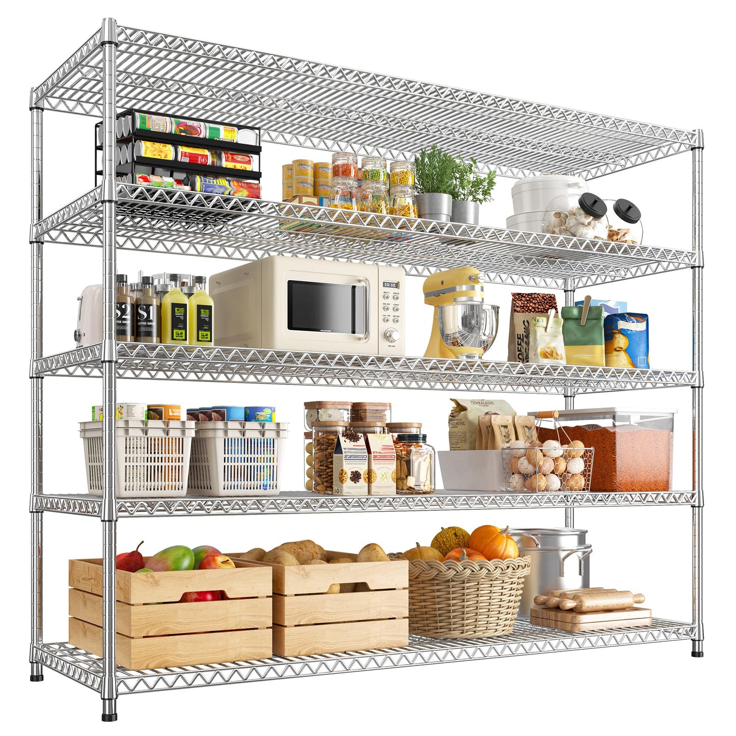 REIBII 55.5" W Storage Shelves 3200LBS Metal Shelving 5 Tier Wire Shelving Garage Shelving Heavy Duty Metal Shelves for Shelving Unit Commercial Adjustable Shelf, 55.5" W X 18''D X 71" H，Chrome