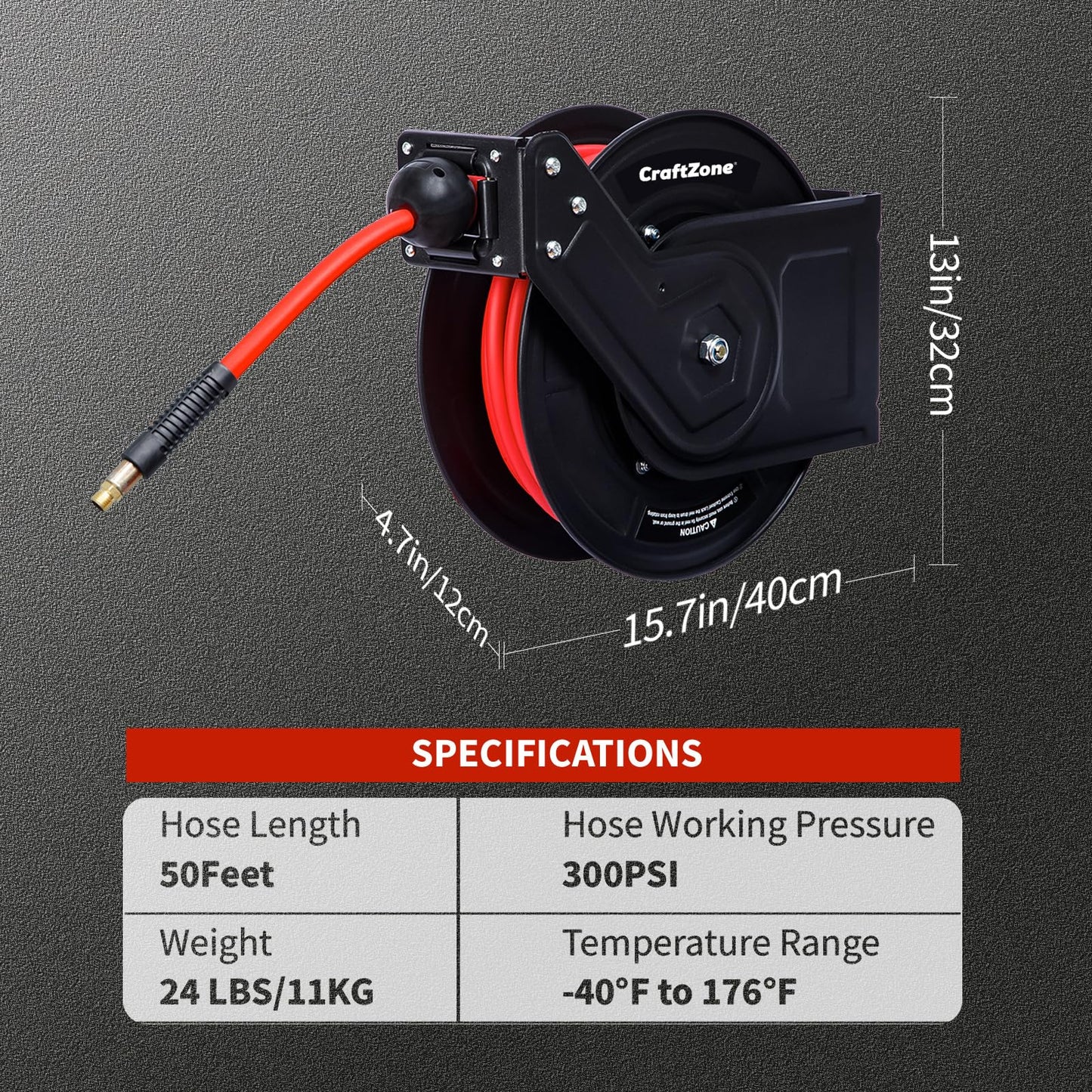 Retractable Air Hose Reel | Rewind 50 ft x 3/8 in Hybrid Air Hose Max 300PSI | Heavy Duty Air Compressor Hose Reel with Auto Rewind and Bracket | Ceiling|Wall Mount for Garage|Workshop|Home Studio