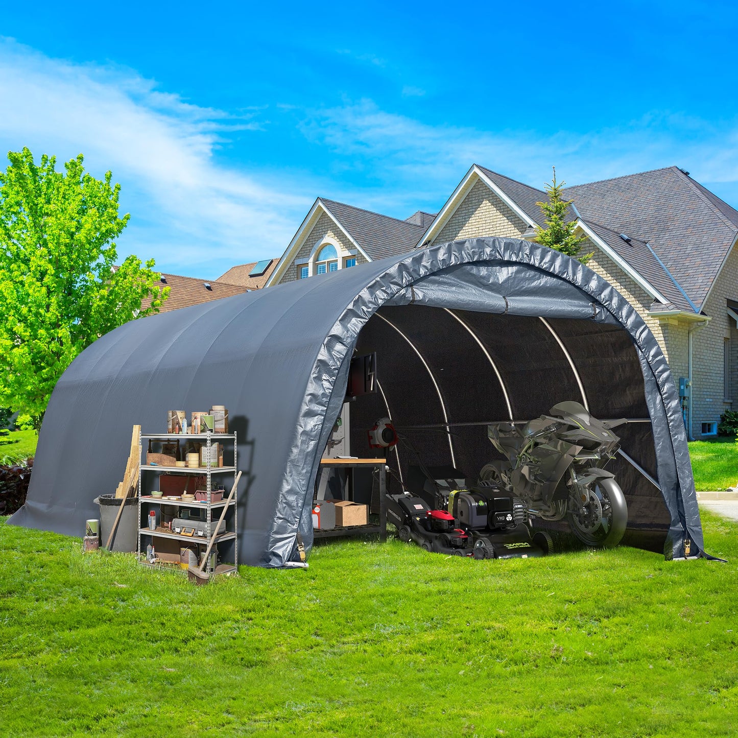 EROMMY 12 x 24 FT Heavy Duty Carport, Portable Garage with Reinforced All-Steel Frame and Round Style Roof, Anti-Snow All Covered Car Canopy Outdoor Waterproof Storage Shelter for Car, Truck, Boat
