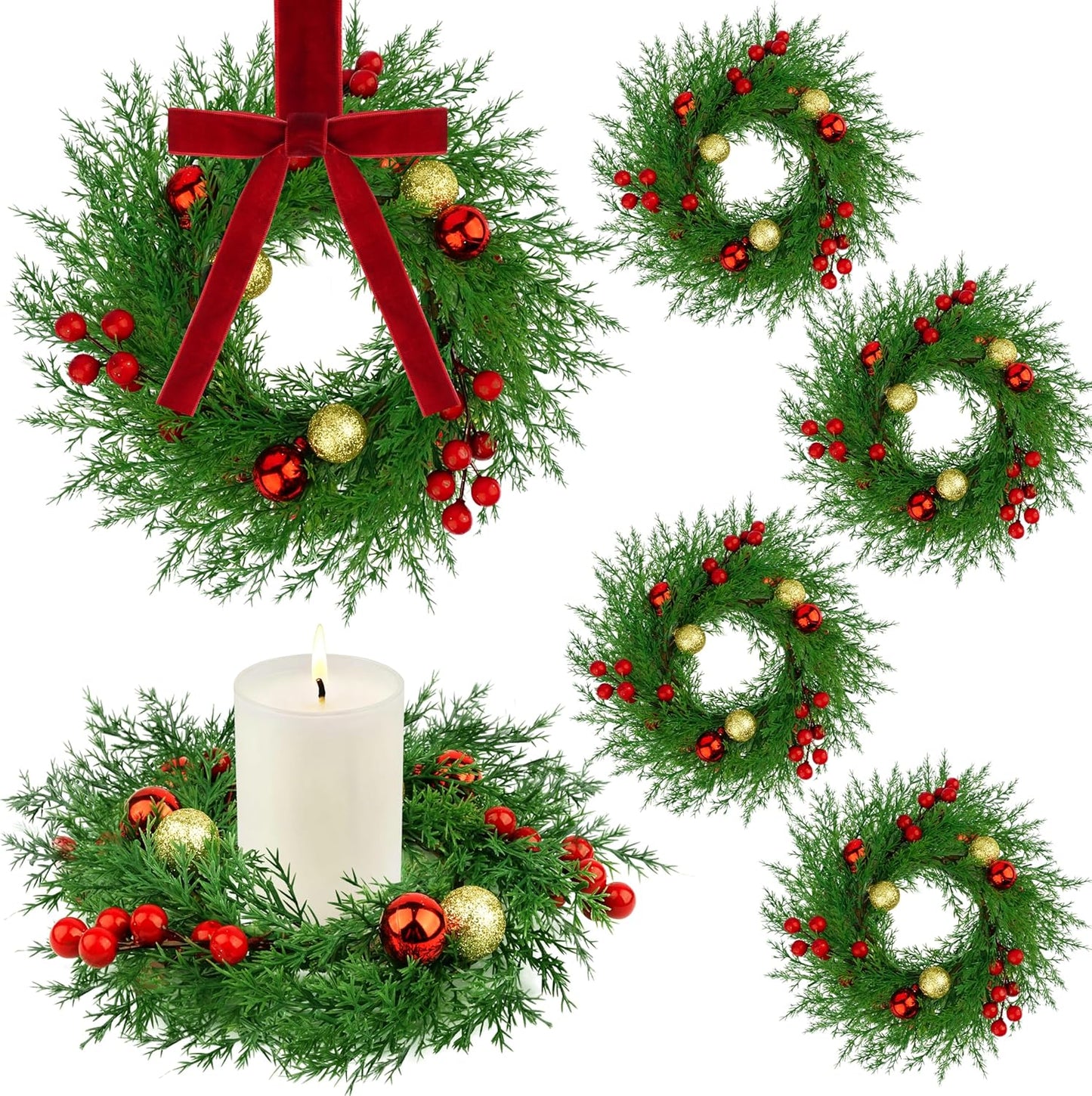 Regine Switzerland Christmas Candle Rings - 6 Pcs Mini Wreaths with Red Berries & Xmas Balls for Holiday Decor