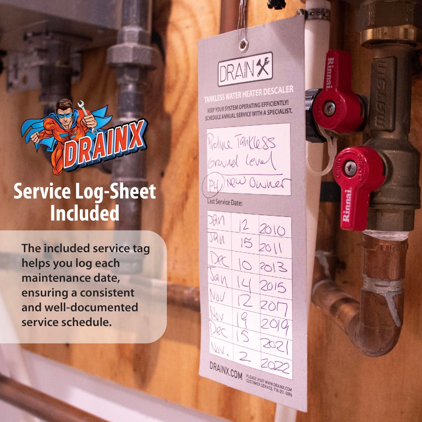 DrainX Tankless Water Heater Flushing Kit Includes Pump, Hoses, Bucket, Maintenance Log, and Replacement Filter for Rinnai Systems – Just Add Vinegar or our Own Descaler