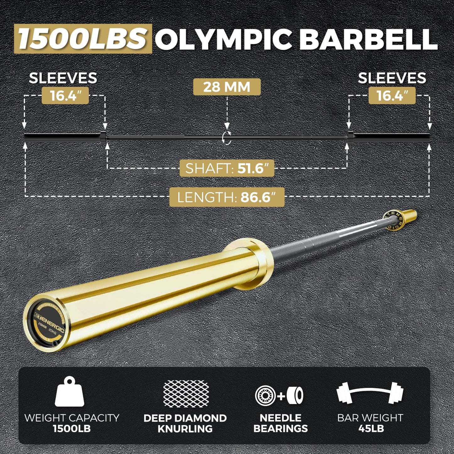 E.T.ENERGIC Olympic Barbell 7FT 45LB, 1500LB Capacity Weight Bar for Home Gym, 2-Inch Olympic Barbell for Weightlifting, Powerlifting, Squat, Deadlift and Bench Press