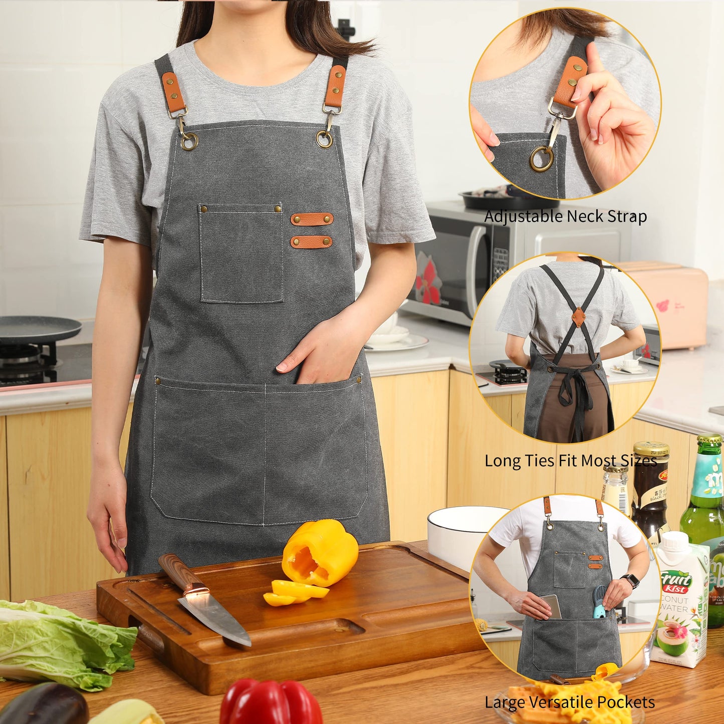 Tosewever 2 Pack Canvas Cross Back Chef Apron for Men Women with Pockets, Cotton Tool Aprons for Cooking Kitchen BBQ Artist (Grey, 2 Pack)