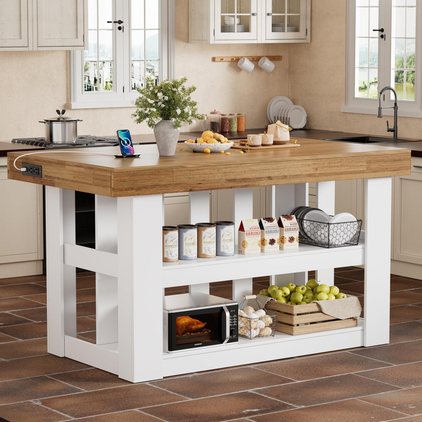PAKASEPT 55" Kitchen Island with Storage, 3-Tier Farmhouse Wood Island Table with Power Outlets,Shelves for Kitchen, Dining Table for 4,Dining Room,Living Room,Home Bar,White