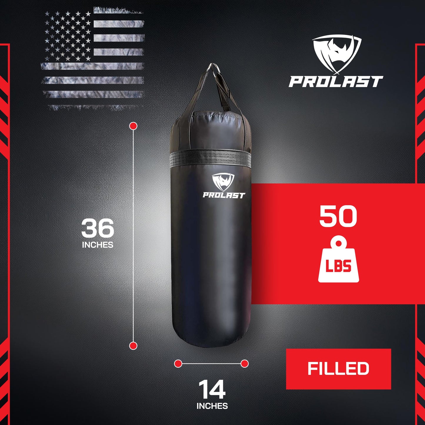 PROLAST Punching Bag for Experienced and Beginners, Boxing, MMA, Martial Arts, Muay Thai Training Equipment, Hanging, Filled, 3ft, 50 lbs, Rhino Logo, Black/Black
