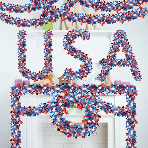 52 FT Patriotic Tinsel Garland, Memorial Day Decorations Red White and Blue Garland 4th of July Star Metallic Tinsel for Independence Day Home Car Bike Decor Accessories