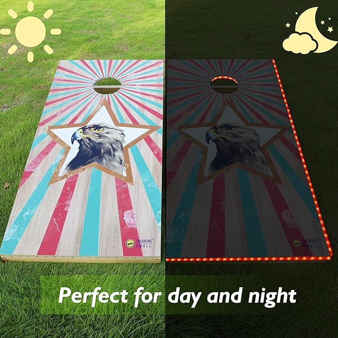 LED Cornhole Board Set 4FTx2FT Solid Wood Regulation Size Cornhole Set with LED Lights Includes 8 Cornhole Bags for Adults (Eagle, 4'x2')