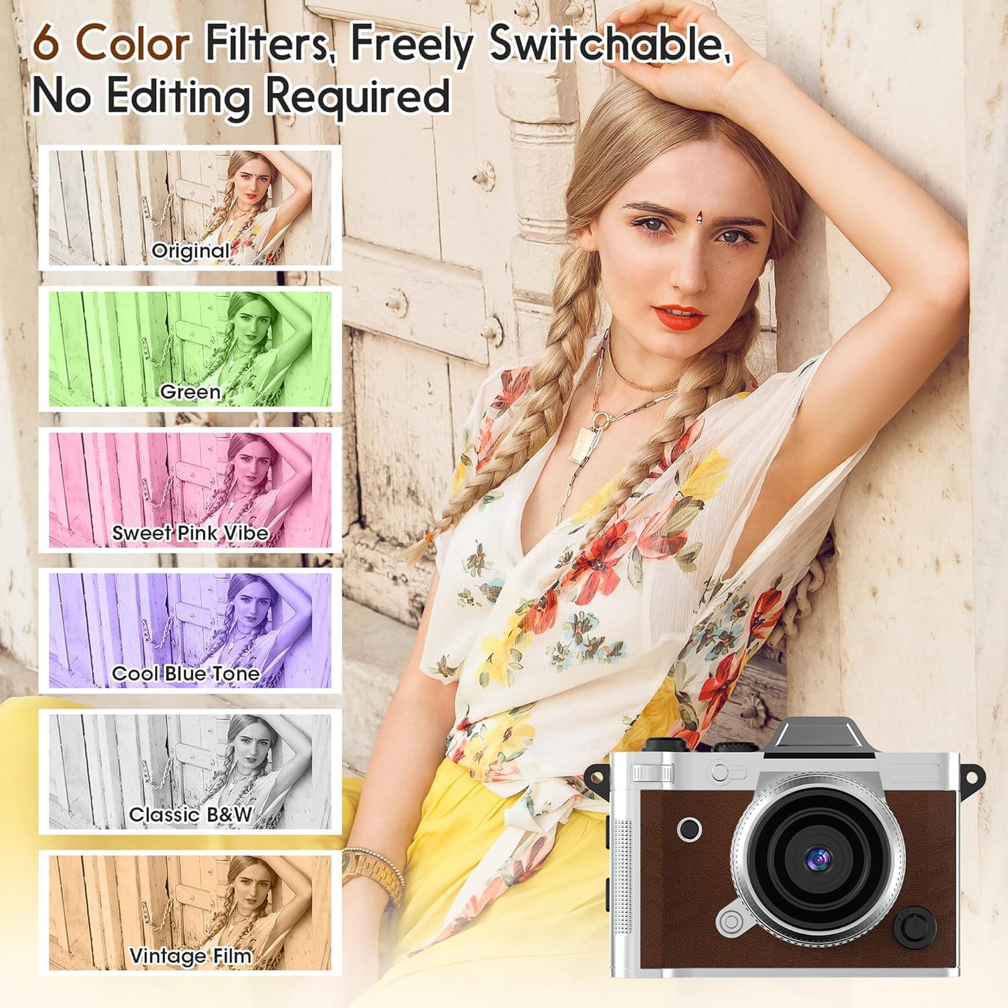 Dienspeak 16GB 2K Tiny Digital Camera, Vintage Mini Keychain Camera for Teens & Beginners, Premium Leather Portable