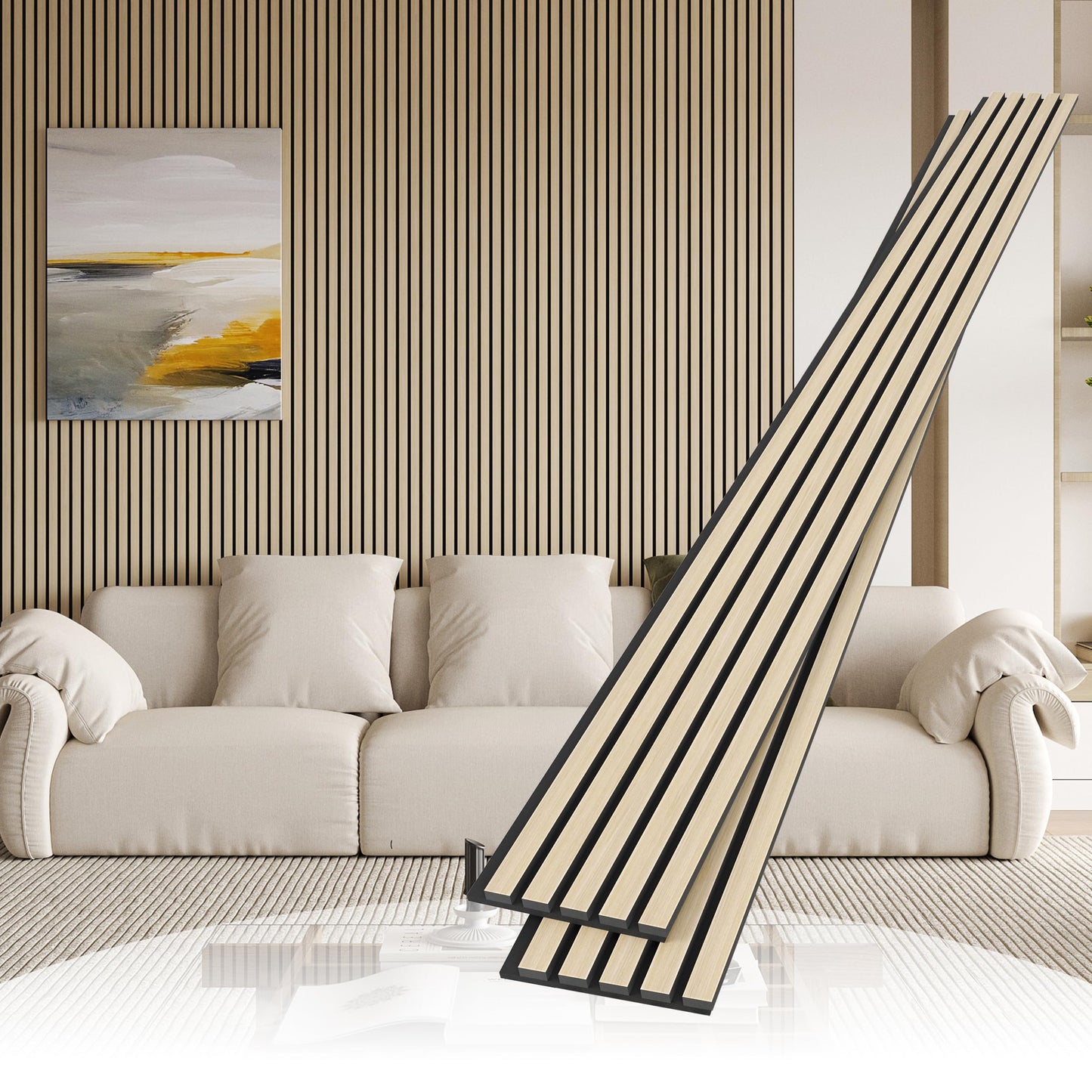 POHARE 2 Pack Wood Slat Wall Wood Paneling,95 x 8 in Soundpoof Wooden Engineered Wooden Slat Wall Panels,Stylish Acoustic Wall Panels for Interior Walls Decor with Felt Backing,Natural