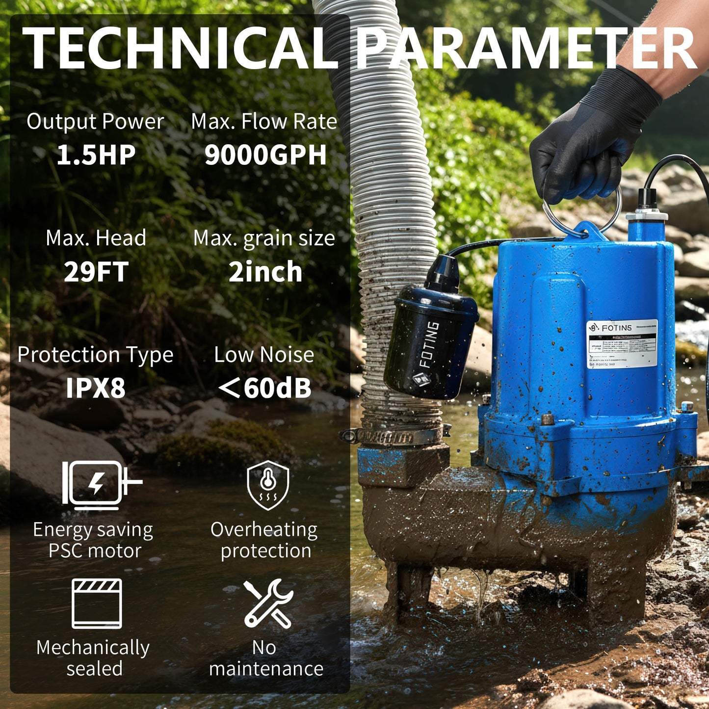 FOTING 1.5HP 9000GPH Sump Pump Submersible Sewage/Effluent Pump - Heavy Duty Cast Iron Automatic/Manual- Septic Pump for Sump Basin/Residential/Sewage/Basement,Sewage Pumps 2'' NPT Discharge,Blue