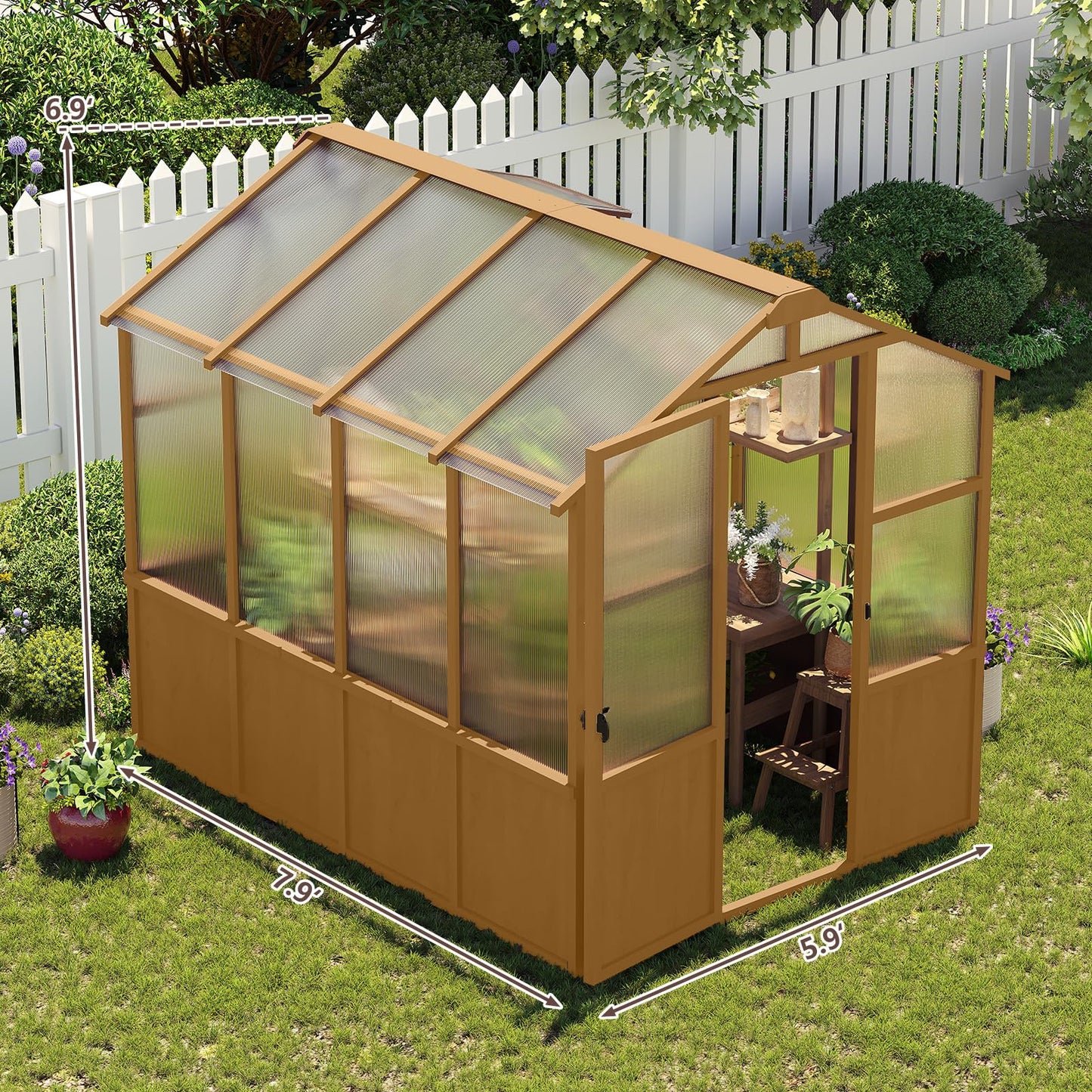 GDFStudio 6x8 FT Wooden Greenhouse for Outdoors, Walk-in Green House Kit with 6mm Polycarbonate Panels, Lockable Door, Adjustable Roof Vents, Outdoor Greenhouses for Garden Backyard Patio Lawn, Wood