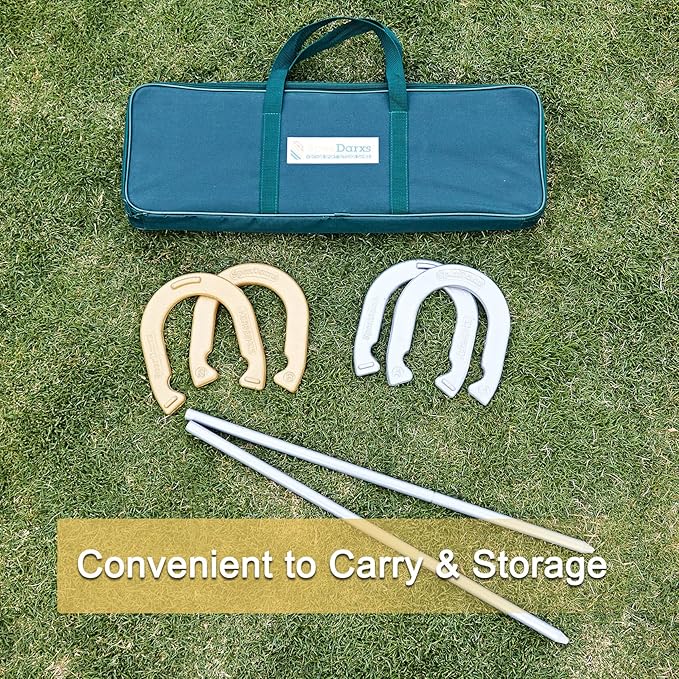 Horseshoes Set, Lawn Horseshoe Outside Game Kit for Teens Adults Families - Includes 4 Horse Shoes, 2 Stakes and Carrying Case