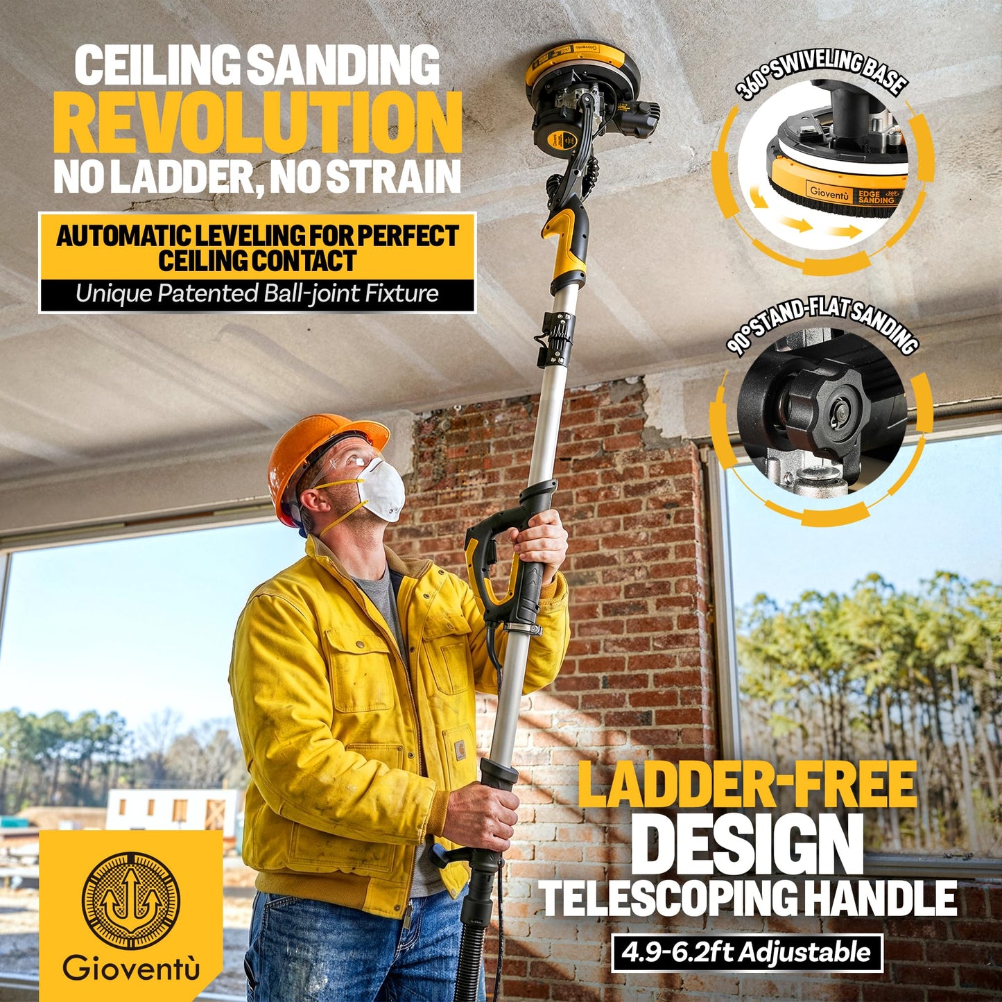 Dustless Drywall Sander with Auto Vacuum Dust Collector, 780W Foldable Electric Wall Sander, 26FT Power Cord, 7 Variable Speed 900-1800RPM, LED Light for Popcorn Ceiling, Interior Walls, Plaster