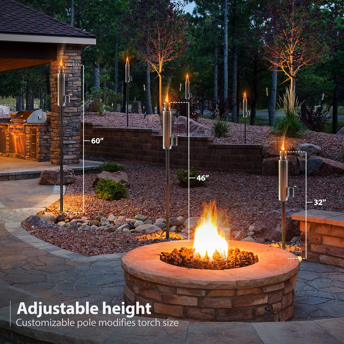 Matney Stainless Steel Tiki Torches Set of 4 - 5 ft Outdoor Oil Lamp with Fiberglass Wick & Snuffer Cap