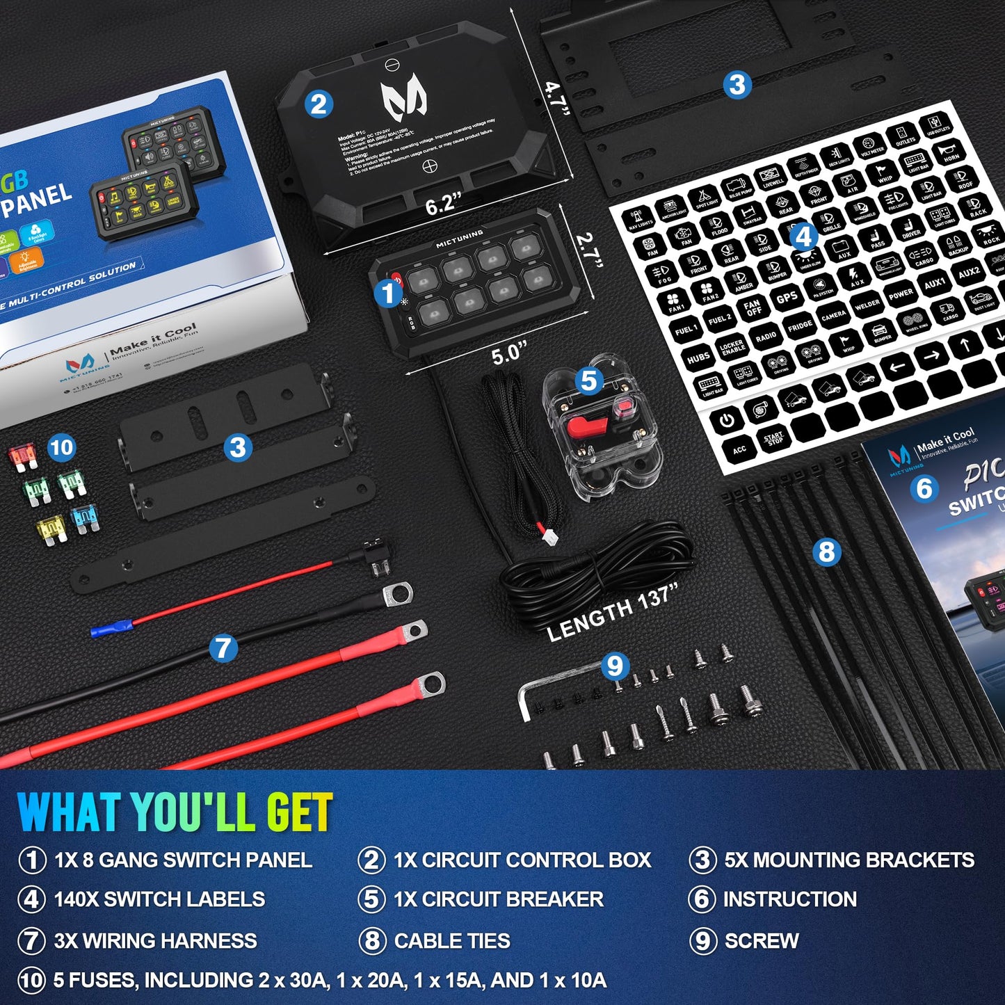 MICTUNING P1C+ RGB 8 Gang Switch Panel, IP67 Waterproof 6 Level Brightness Multifunction Toggle Momentary Flash Strobe Circuit Control Relay System Box for Off Road Truck SUV UTV RV