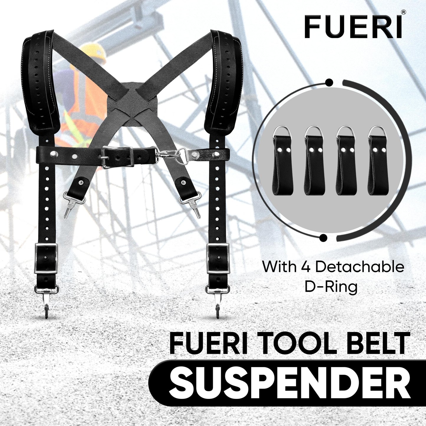 FUERI Heavy Duty 26 Pocket Tool Belt with Suspender | Grain Black Leather & Red Nylon Carpenter Tool Belt With 2 Large Pouches, Hammer Holder, Suspender Loops & Padded Belt, Ideal for Electricians