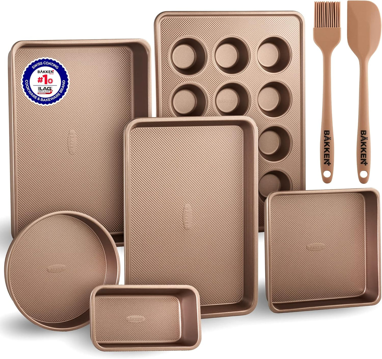 Regine Switzerland Bakeware Set - 8-Piece Non-Stick Professional Baking Pans - Gold Muffin & Loaf Pan