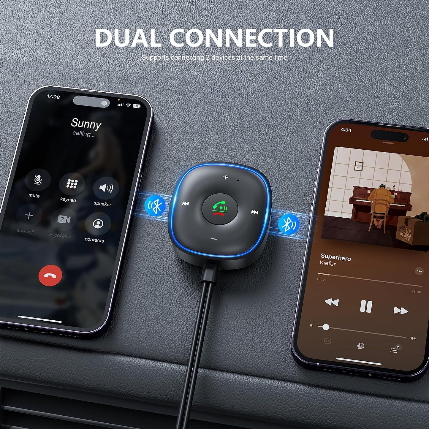 SONRU 5.3 Bluetooth Aux Car Adapter, Bluetooth Receiver for Car [Dual Connection & Mic Noise Cancellation], Aux Adapter