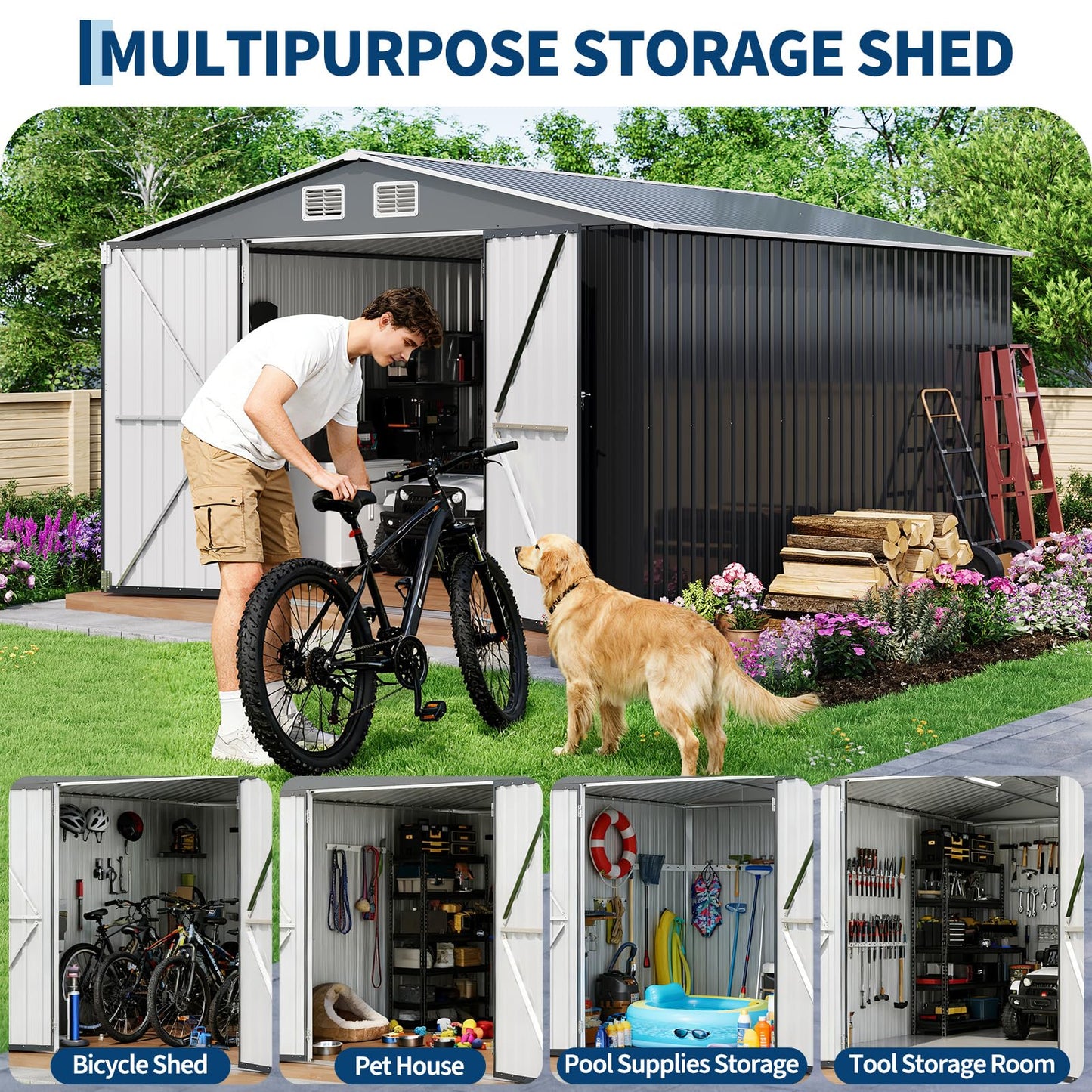GarveeLife 12 X 10 ft Outdoor Storage Shed, Metal Garden Sheds & Outdoor Storage with Updated Frame Structure, Backyard Garden Terrace Tool Shed for Backyard, Lawn, Patio, Bike Storage, Gray