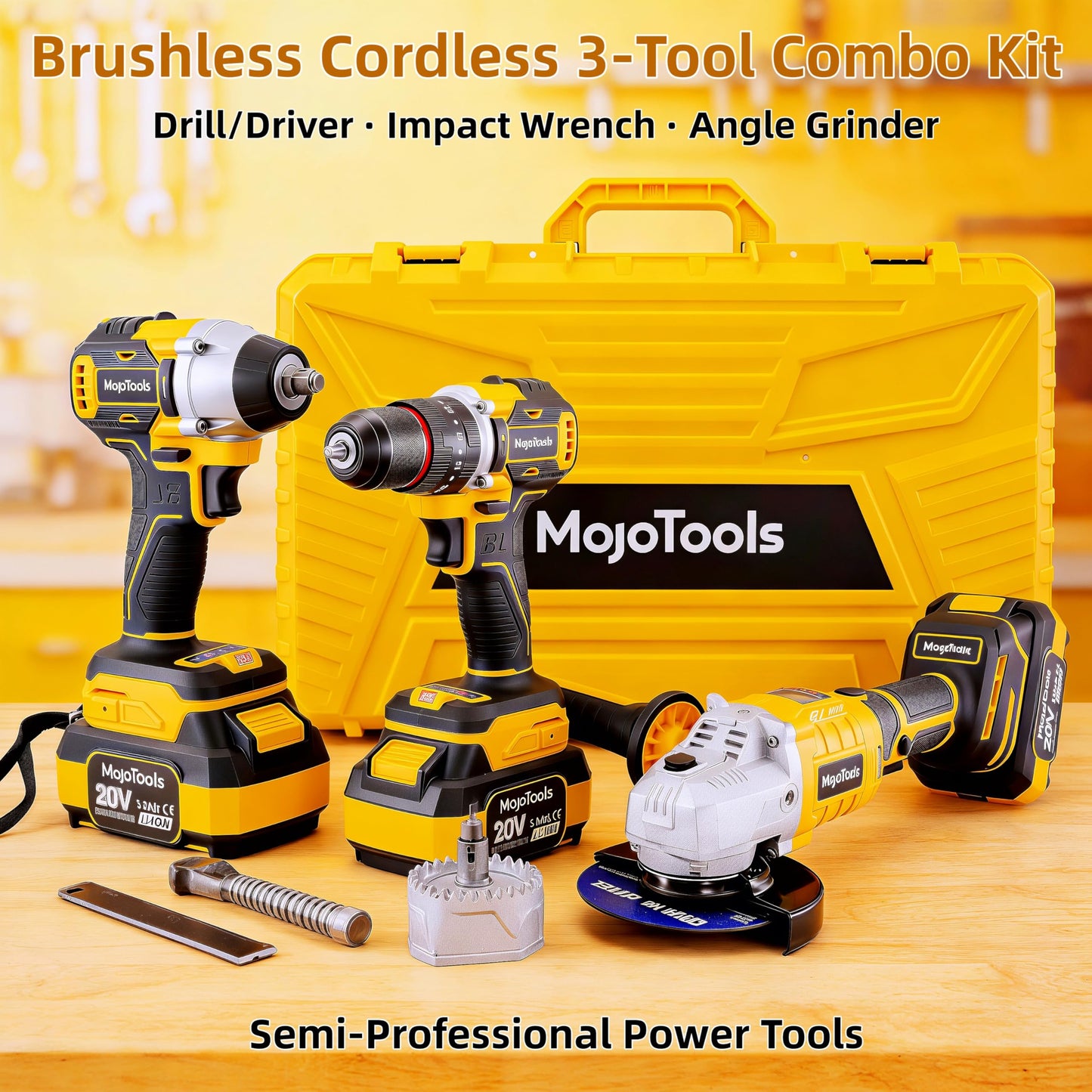 MoJoTools Brushless Cordless Power Tool Combo Kit for Heavy DIY & Semi-Professional Use – 50Nm Drill Driver, 380Nm Impact Wrench, 5" Angle Grinder LCD, 2×3000mAh Batteries, Carry Case &&Accessories