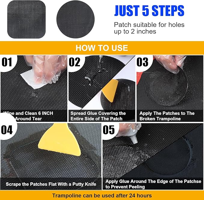 Trampoline Patch Repair Kit 4.1'' Round Square Patches | Repair Trampoline Mat Tear or Hole in a Mat