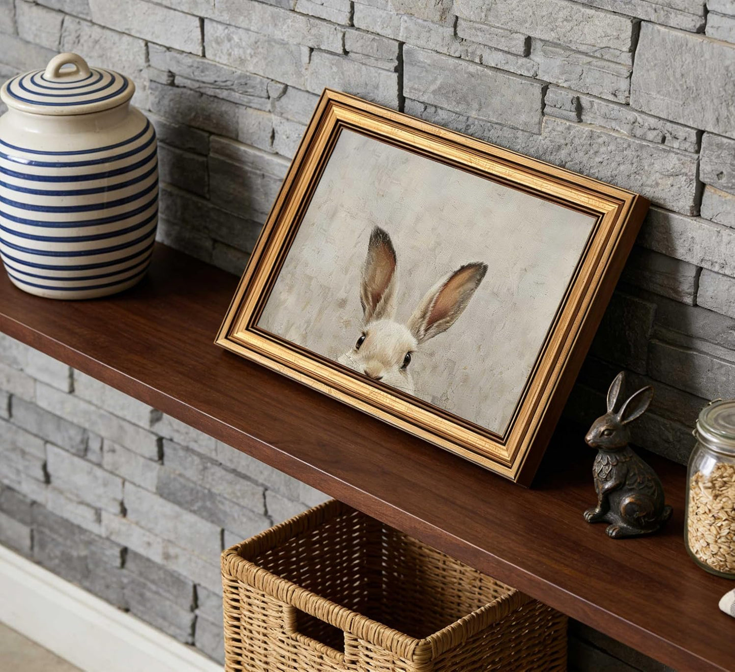 Regine Switzerland Vintage Gold Framed Bunny Canvas Wall Art - Rustic Rabbit Oil Painting 9x11in