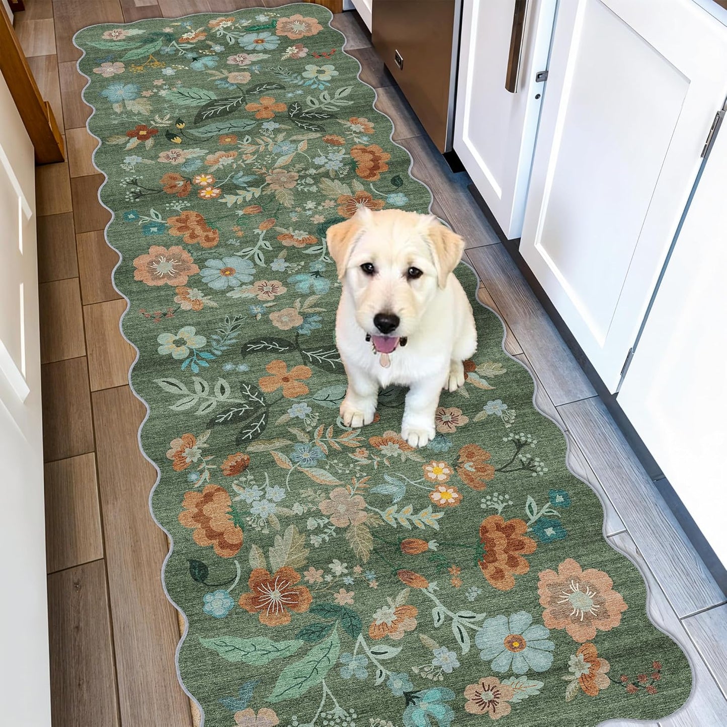 Washable Runner Rug by [Brand Name] - 2x6 Easy-Clean Non-Slip Carpet for Entryway & Hallway | Stain-Resistant Floral Green Design
