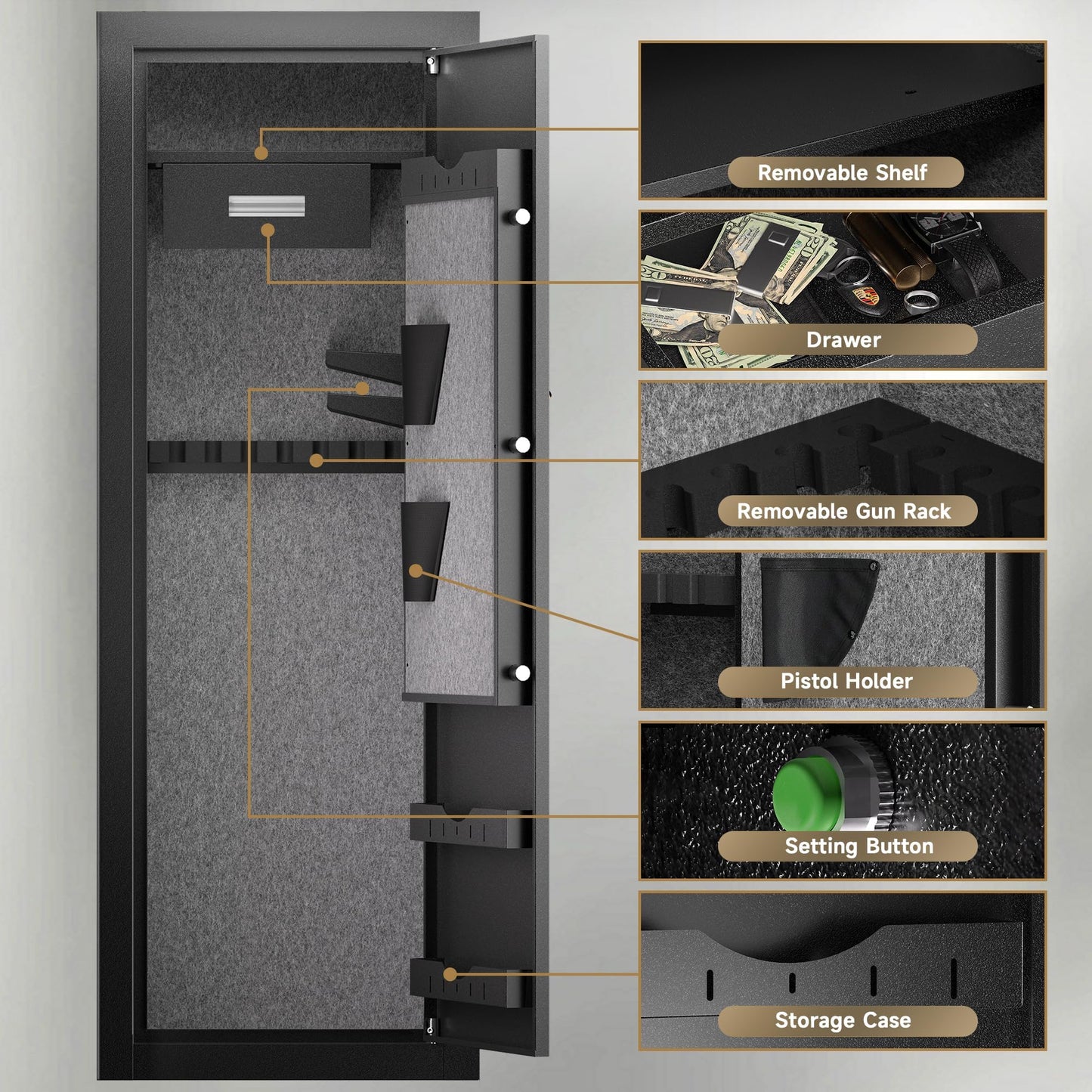 KAER 23-25 Biometric Gun Safe, Wider and Deeper Fingerprint Gun Safes for Rifle and Pistols, Large Quick Access Heavy-Duty Gun Cabinet for Firearm Ammo with Drawer & Gun Rack, Assembled