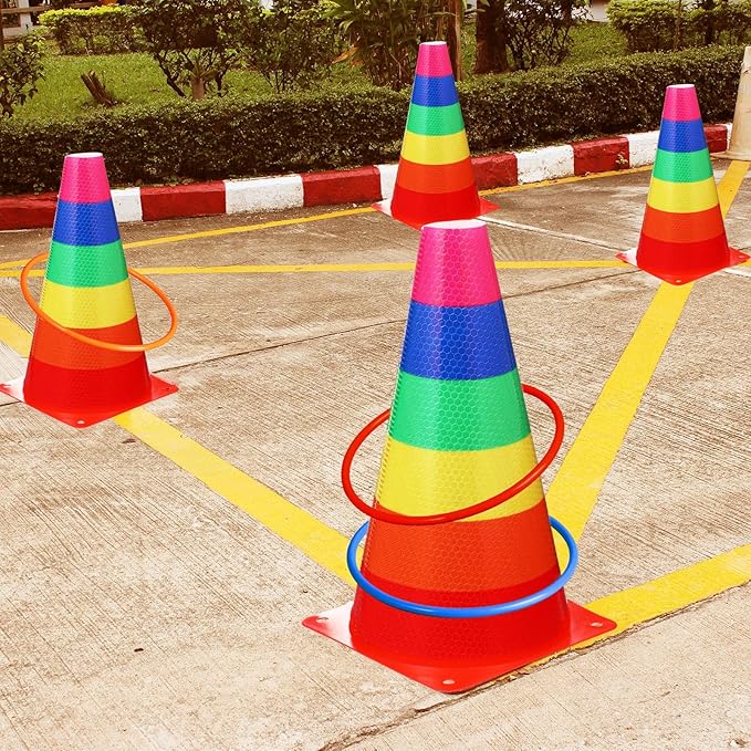 Leitee 6 Sets Candy Corn Ring Toss Game Plastic Cones Ring Toss Combo Set Mini Traffic Cones Toss Game for Sports Training Garden Backyard Outdoor Activities(Colorful,Carnival Game)
