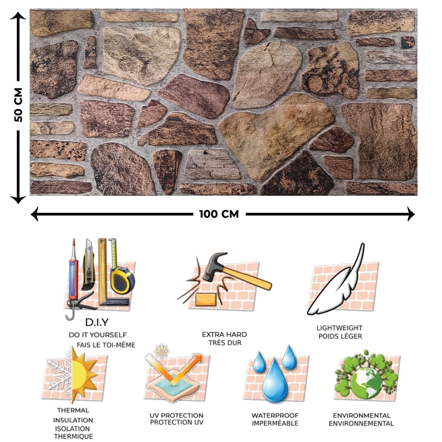 Dundee Deco 3D Wall Panels - Cladding, Shades of Brown Grey Stone Look Wall Paneling, Styrofoam Facing for Interior and Exterior Applications, DIY, Set of 10, Covers 54 sq ft