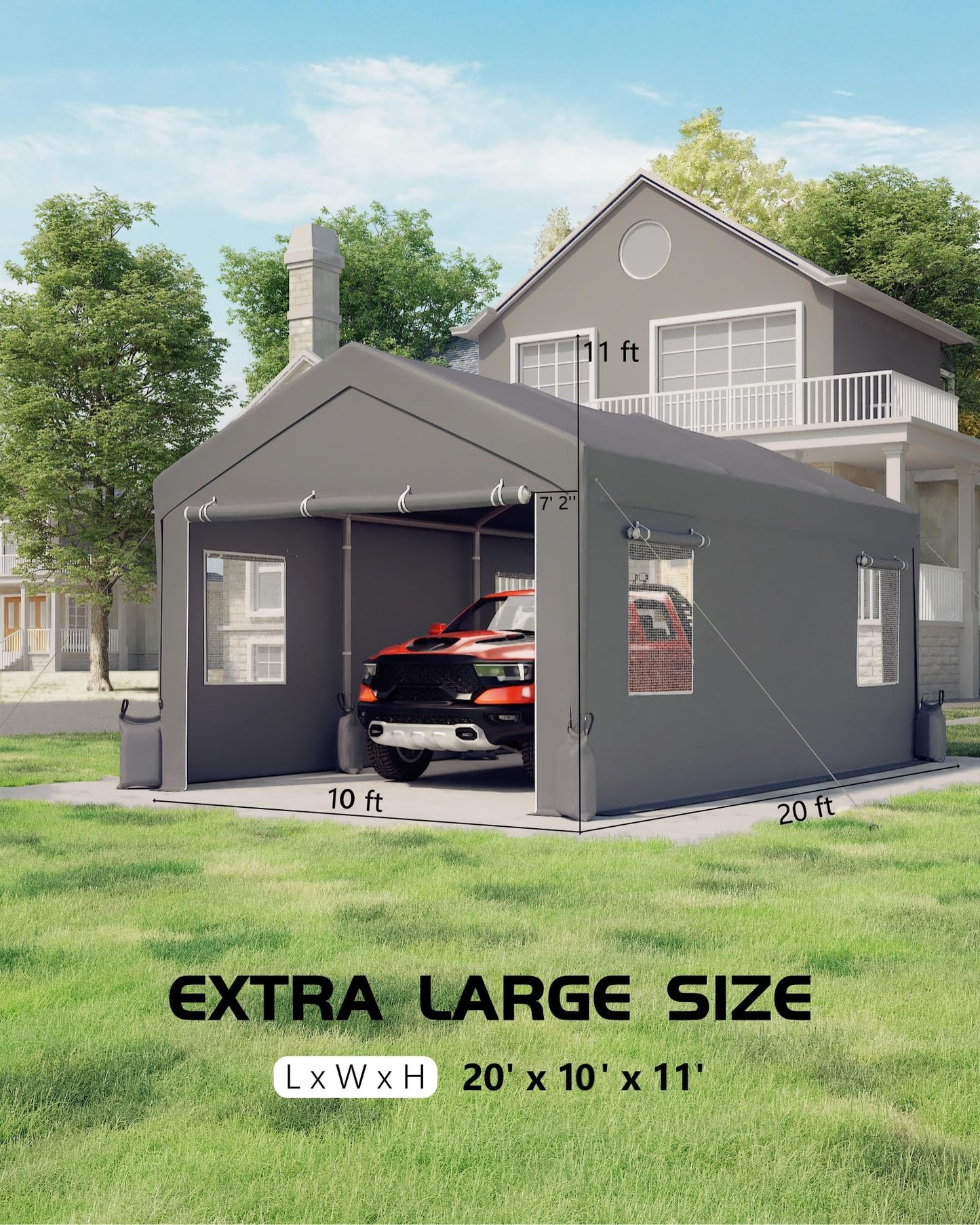 Hipicute 20x10x11 Ft Heavy-Duty Portable Garage with Canopy Top, Front and Back Doors, Roll-Up Windows, Carport Reinforced Structure for Cars, Trucks, Boats, and Parties - Gray